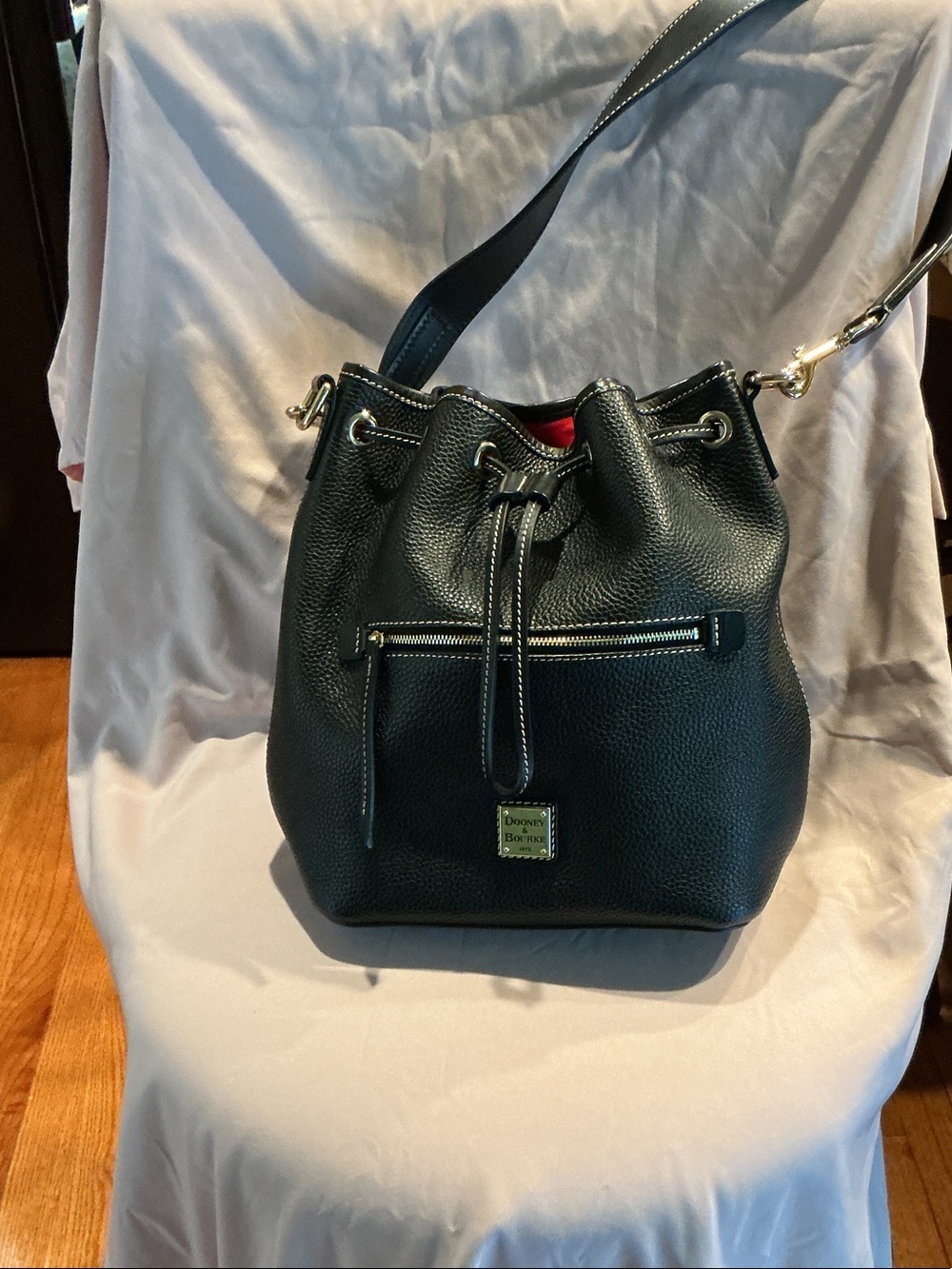 Dooney & Bourke Black Pebbled Leather Drawstring Bucket Shoulder Bag